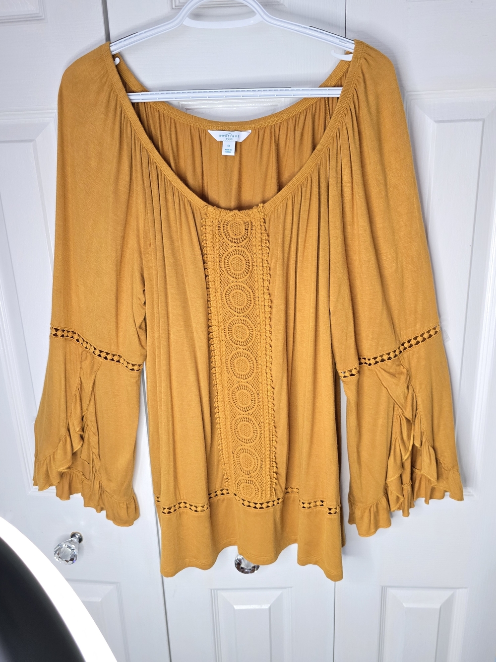 Women’s Mustard Long Sleeve Boho Top with Crochet Detail